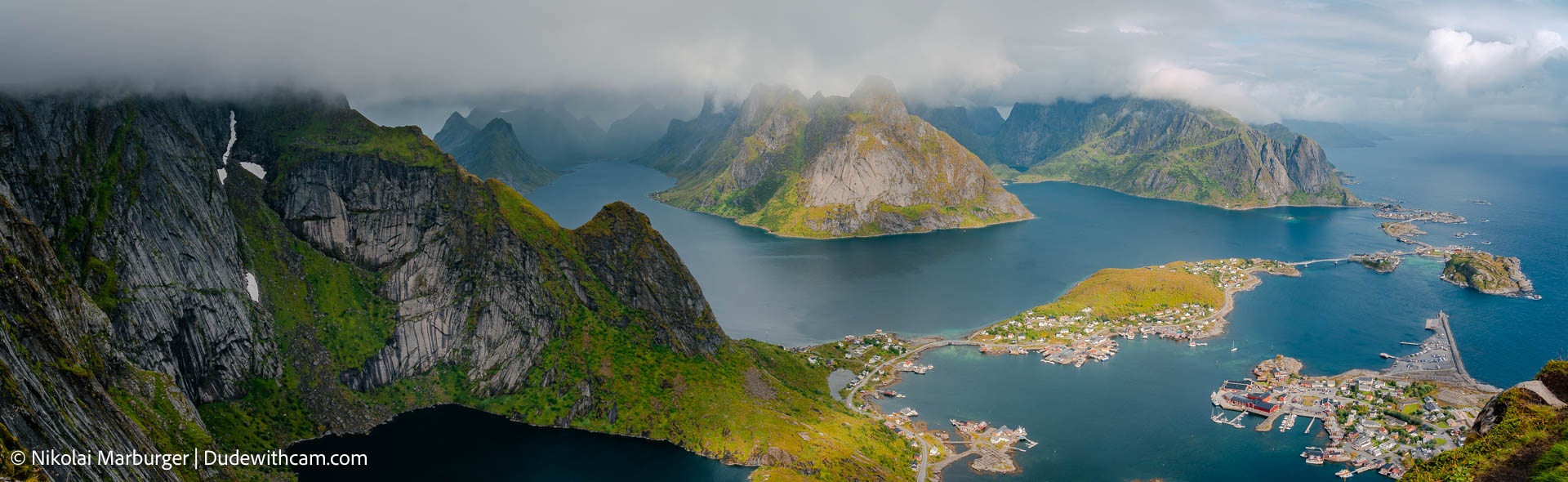 Panoramic view of Reine and the surrounding mountains.